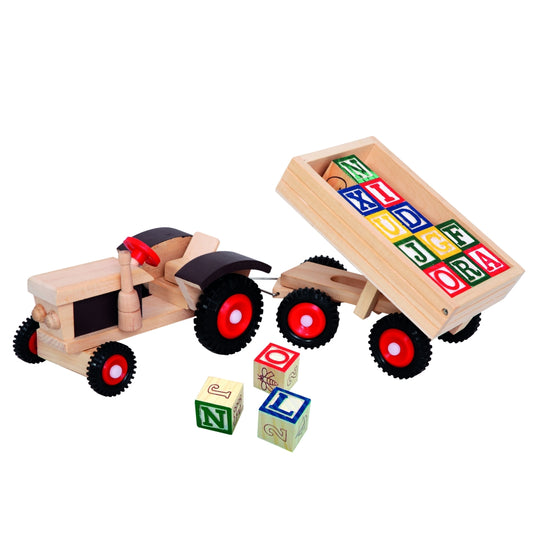 Mediniai žaislai traktoriukas su priekaba ir kaladėlėmis